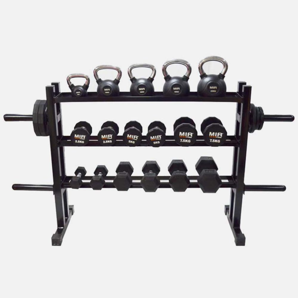 Rack 3 estantes para mancuernas, kettlebells y discos olimpicos